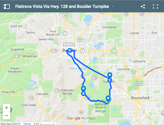 Map of Flatirons Vista scenic drive.