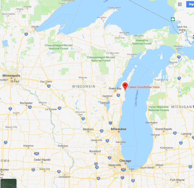 Map of Wisconsin with red pin in location of Tallest Grandfather Clock near Green Bay.