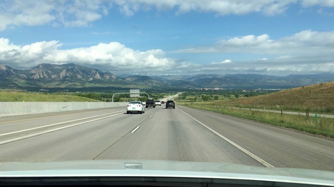 View of mountains in distance along I-36 in Boulder.