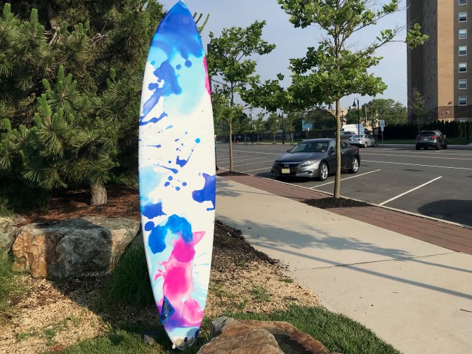Blue and white surfboard standing up in small park with gray Honda Accord in background parked on street.