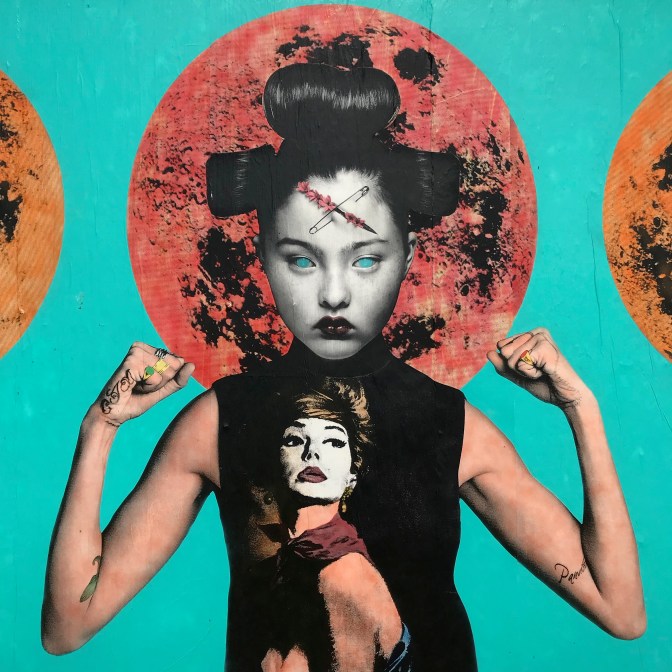 Photo of mural with woman facing camera, wearing shirt with image of another woman on it.