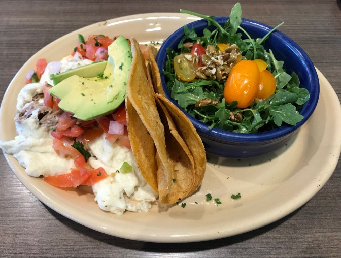 Plate with egg whites, pulled pork, a salad, and corn tortillas.