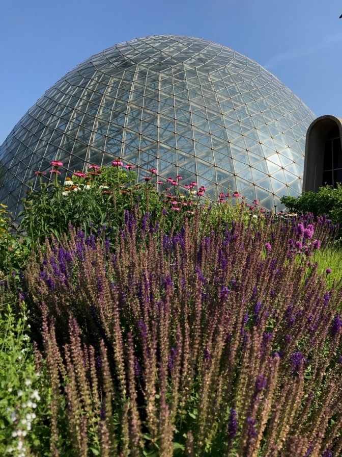 One of the domes, with flowers in the foreground, beneath a blue sky.