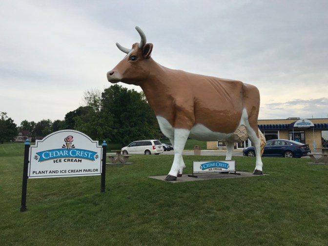 Large cow statue outside Cedar Crest Ice Cream shop.