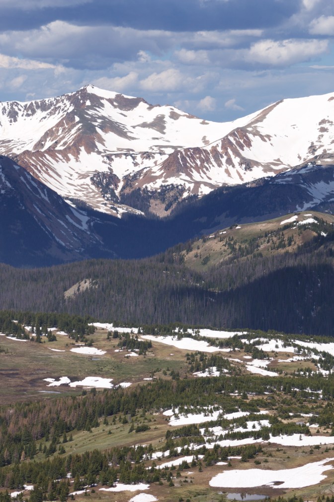 View of mountains in distance, with tree-lined hills and meadows in foreground.