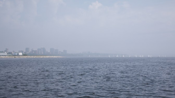 Coastline of Milwaukee, covered in fog.