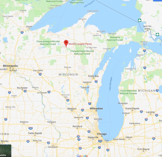 Map of Wisconsin with red pin in location of the World's Largest Penny.