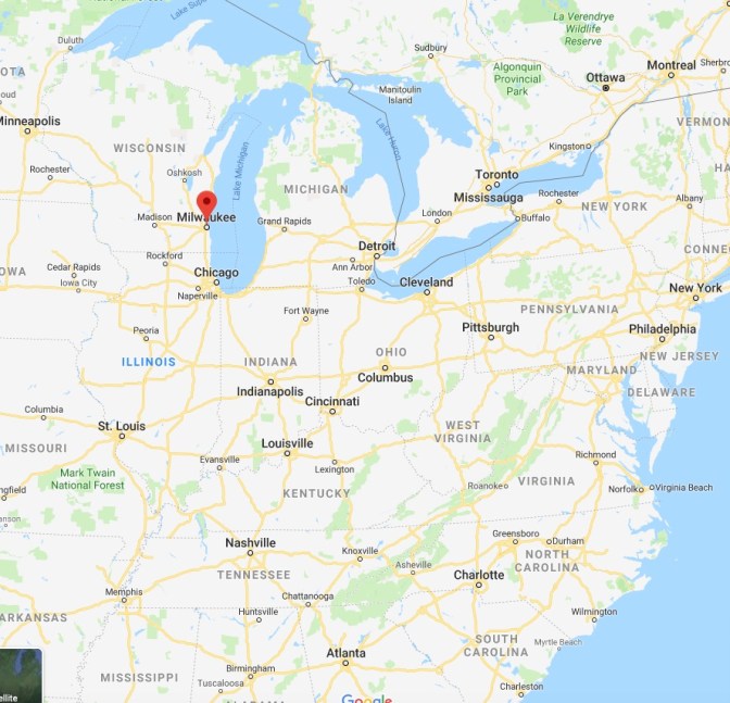 Map of central United States with a red pin in location of Milwaukee, Wisconsin.