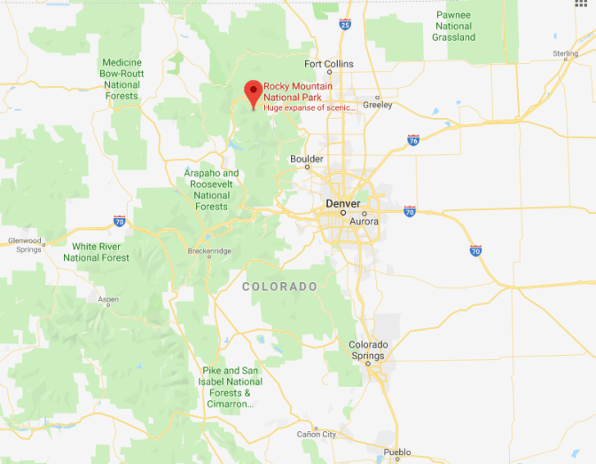 Map of the Denver area, with red pin in the location of Rocky Mountain National Park.