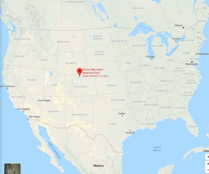 Map of United States with red pin in location of Rocky Mountain National Park in Colorado.