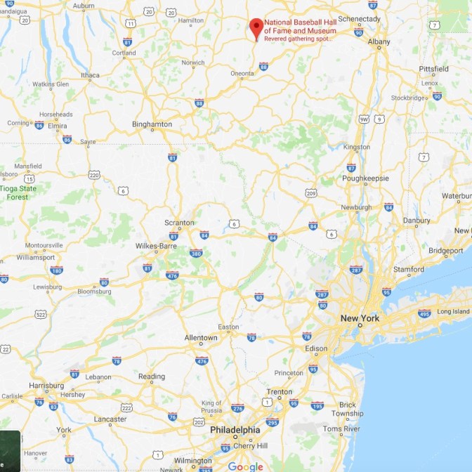 Map of New York State with red pin in location of National Baseball Hall of Fame and Museum