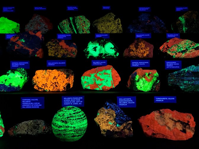 Fluorescent minerals in the dark.