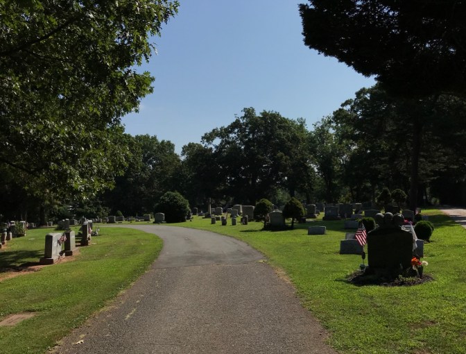 Road in cemetery, with tombstone on either side.