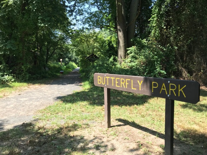 Entrance to Butterfly Park, with a sign that says BUTTERFLY PARK on the side of the path.