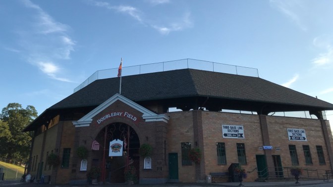 Exterior of Doubleday Field field house.