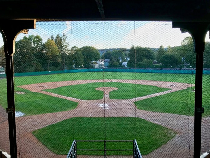 View of Doubleday Field from behind home plate.