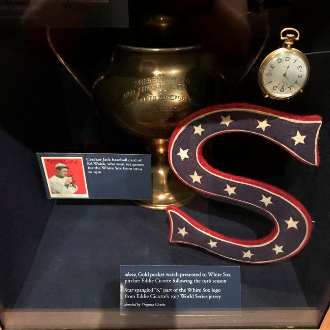 Display of memorabilia from Chicago White Sox from the 1910s.