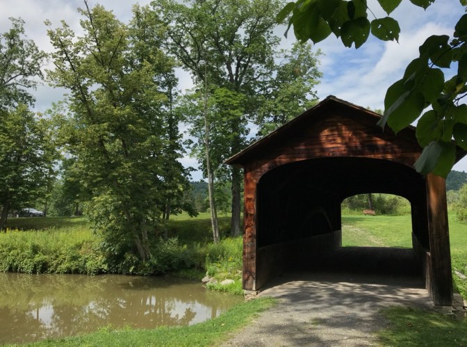 Hyde Hall Covered Bridge with gray Honda Accord coupe on far left.