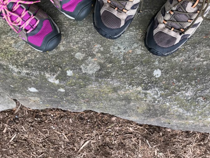 Two pairs of hiking shoes standing on a mountain top.