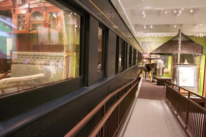 Private railroad car on display in collection hall.