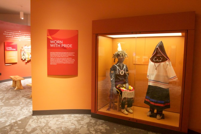 Ceremonial dress for man and woman of Abenaki tribe.