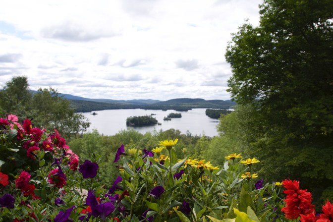 Blue Mountain lake in background with flowers in foreground.
