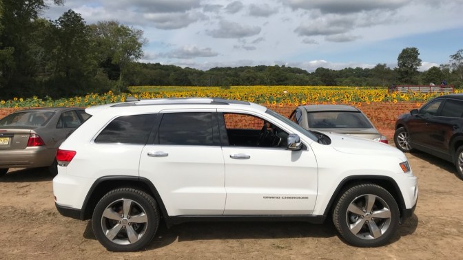 2014 Jeep Grand Cherokee in front of field of flowers.