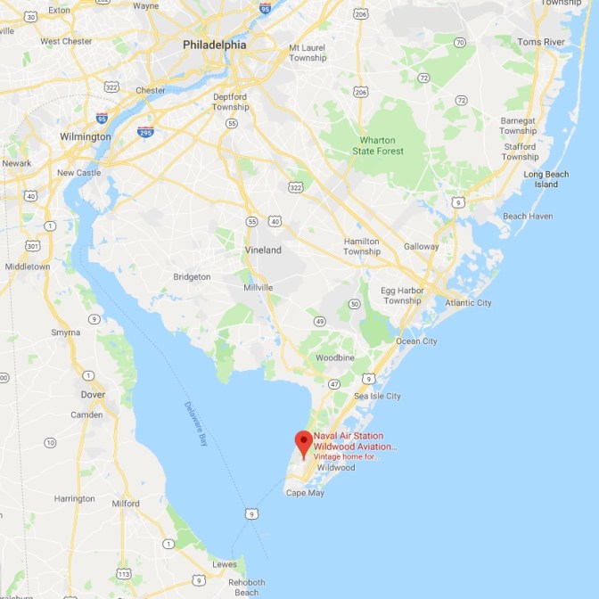 Map of New Jersey with red pin in location of Naval Air Station Wildwood.