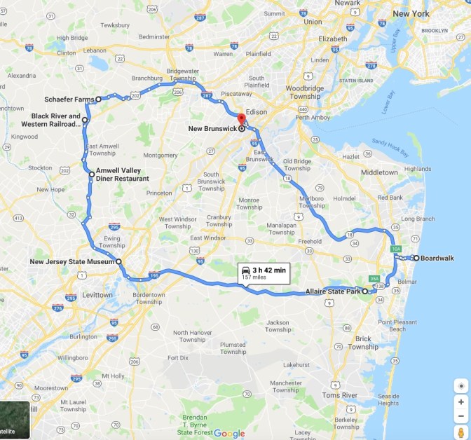 Map of central New Jersey with route from New Brunswick to Asbury Park to Allaire State Park to the New Jersey State Museum to the Black River Western Railroad to Schaefer Farms.