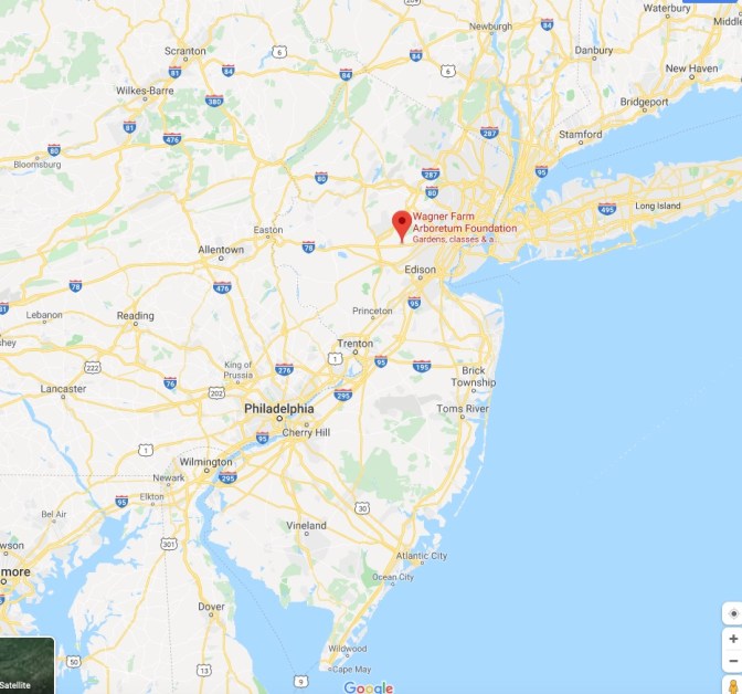 Map of New Jersey with a red pin in location of Wagner Farm Arboretum Foundation.