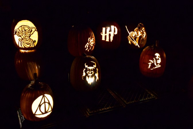 Pumpkins with Harry Potter characters and logos including Dobby, Dumbledore, and Harry, Ron, and Hermione.