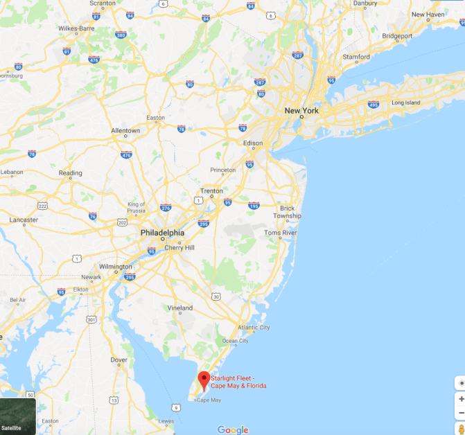 Map of New Jersey with red pin in location of Wildwood Crest for Starlight Fleet Cape May & Florida