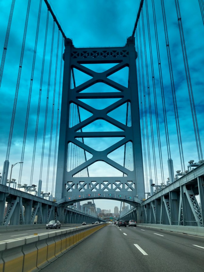 View of support structure of Ben Franklin Bridge.
