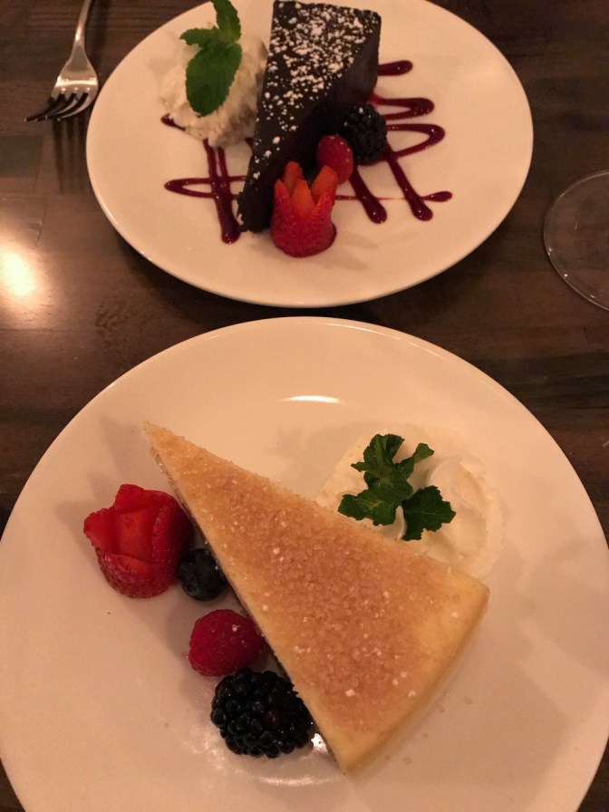 Chocolate torte and a cheesecake.