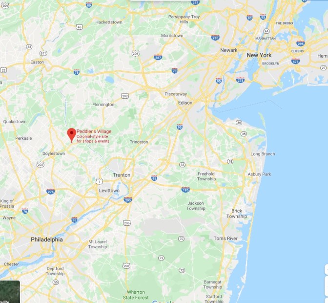 Map of New Jersey and Pennsylvania with a red pin in the location of Peddler's Village.