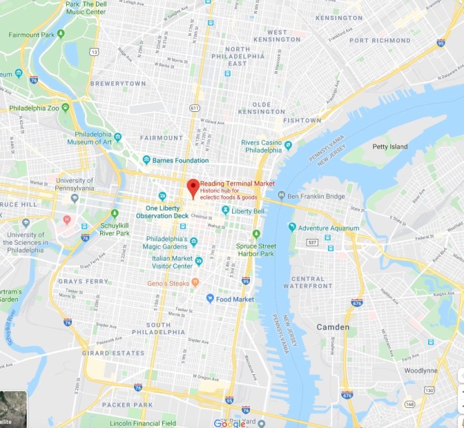 Map of Philadelphia with a red pin in the location of Reading Terminal Market.