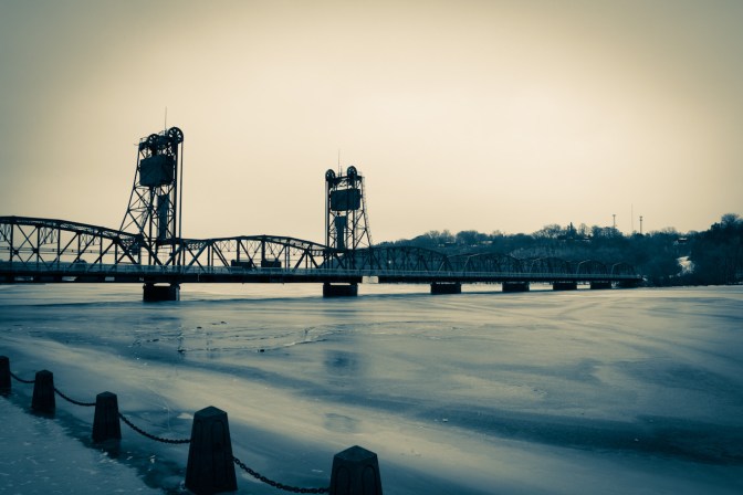 View of Lift Bridge from alongside River.