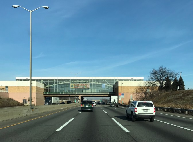 Rest stop built over I-90 in Illinois.