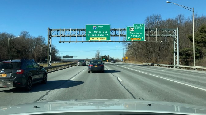 View of I-206 exit sign toward I-80. Sign says 80 WEST DEL WATER GAP STROUDSBURG PA LEFT 3 LANES