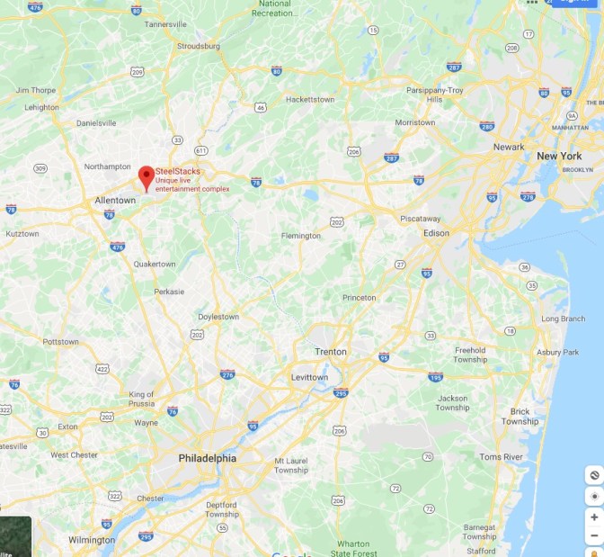 Map of Pennsylvania and New Jersey, with a red pin in the location of SteelStacks.