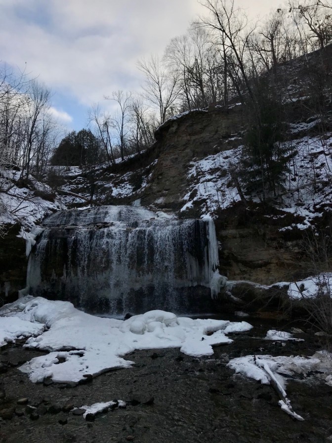 View of Cascade Falls, covered in snow.