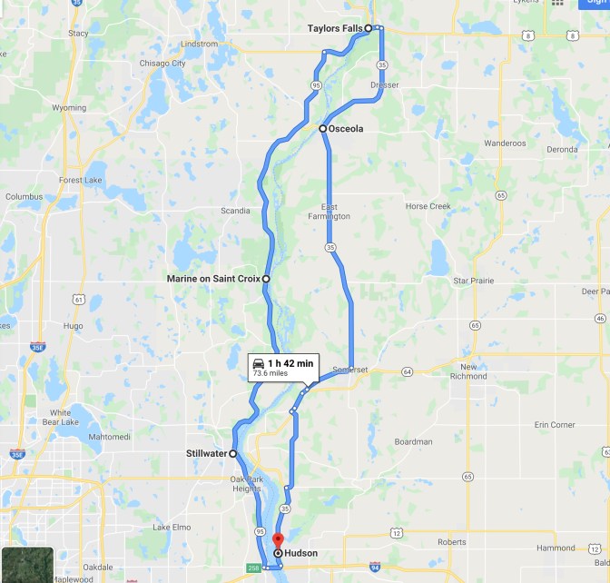 Map of Wisconsin and Minnesota, with a route running from Hudson, WI to Stillwater, MN, Marine on St. Croix, MN, Taylors Falls, MN, and Osceola, WI.