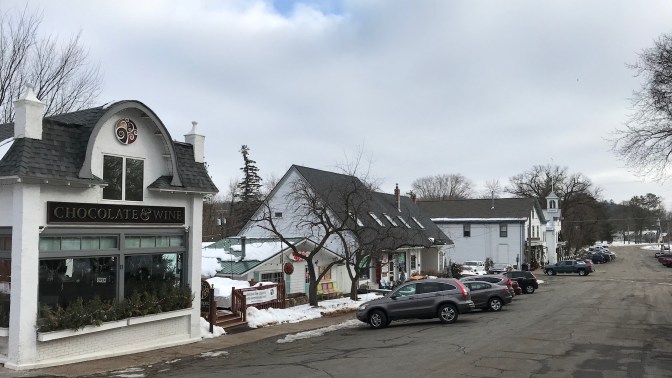 View of shops along road in Marine on St. Croix.