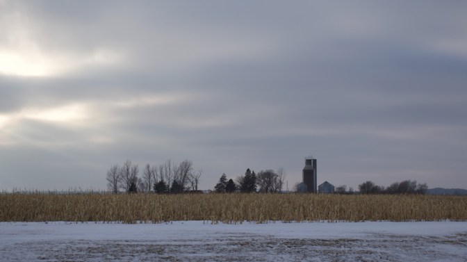Farm silo in distance past cornfield, with the sun beginning to emerge from beneath the clouds.