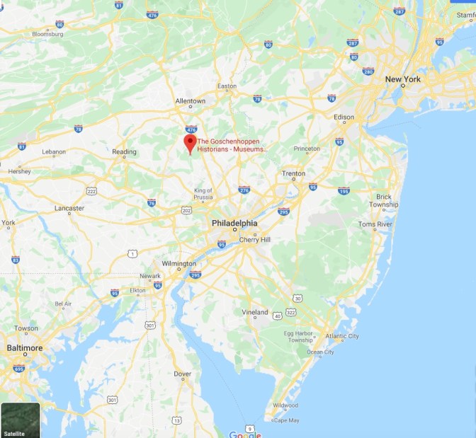 Map of Pennsylvania and New Jersey, with red pin in location of Green Lane, PA.