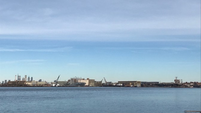 View of Philadelphia Naval Yard and the skyline of center city, Philadelphia.