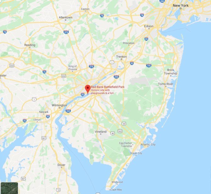 Map of New Jersey with red pin in the location of Red Bank Battlefield Park.