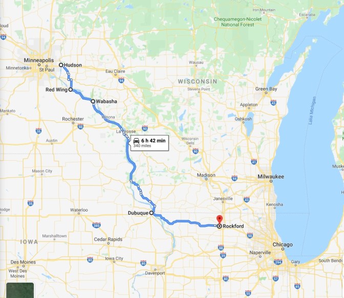Map of Minnesota, Wisconsin, and Illinois, with a blue route line going from Minnesota through Wisconsin, to Iowa, and on to Illinois.