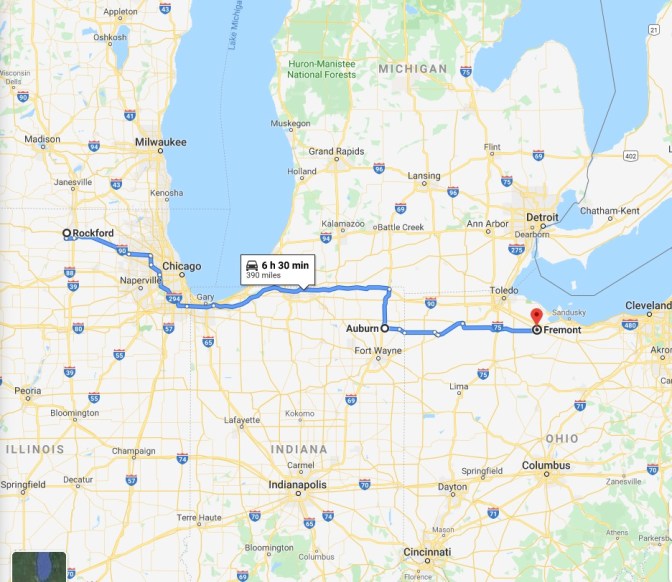Map of Illinois, Indiana, and Ohio, with a blue route running from Rockford IL to Fremont, OH.