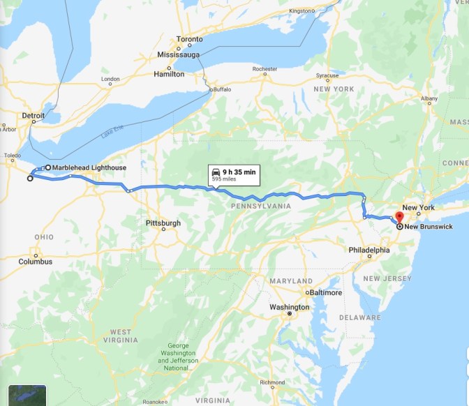 Map of Ohio, Pennsylvania, and New Jersey, with a blue route from Fremont Ohio to New Brunswick New Jersey.